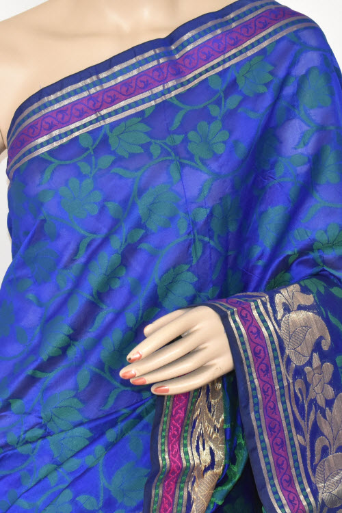 Royal Blue Handloom Banarasi Kora Cotton Saree with Blouse 16234