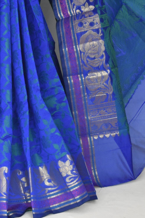 Royal Blue Handloom Banarasi Kora Cotton Saree with Blouse 16234