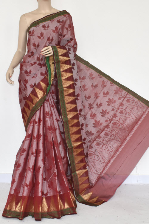 Maroon Handloom Banarasi Kora Cotton Saree with Blouse 16235