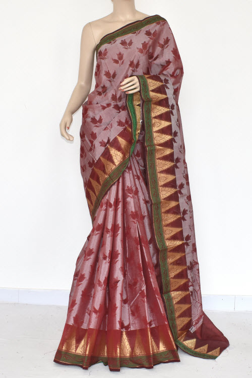 Maroon Handloom Banarasi Kora Cotton Saree with Blouse 16235