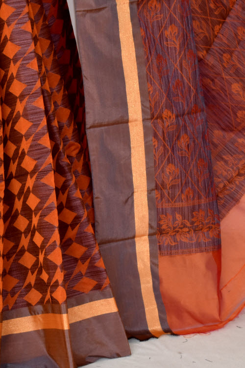 Orange-Grey Handloom Banarasi Kora Saree with Blouse 16258
