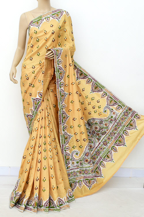 Beige Allover Kantha Embroidery Pure Dupion Silk Saree
