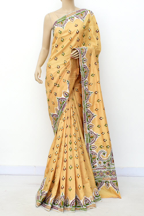 Beige Allover Kantha Embroidery Pure Dupion Silk Saree