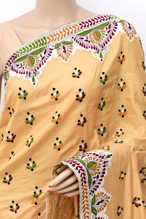 Beige Allover Kantha Embroidery Pure Dupion Silk Saree