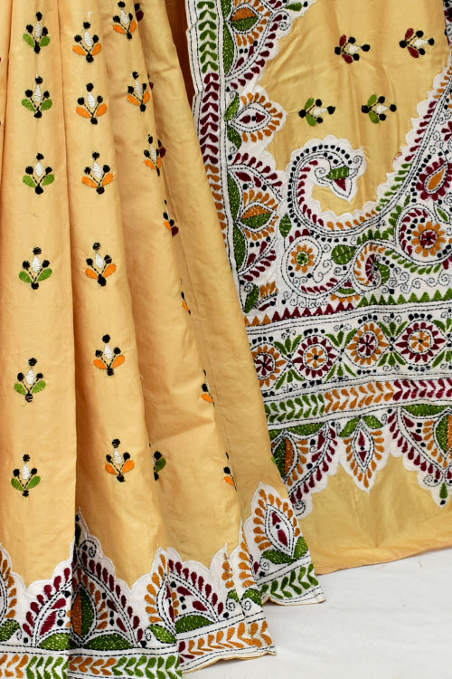 Beige Allover Kantha Embroidery Pure Dupion Silk Saree