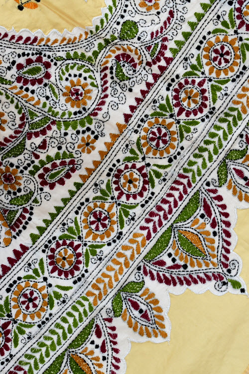 Beige Allover Kantha Embroidery Pure Dupion Silk Saree