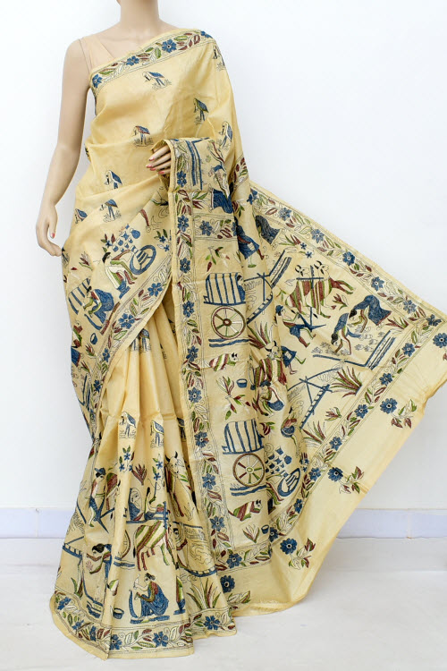 Beige Allover Kantha Embroidery Pure Tusser Silk Saree