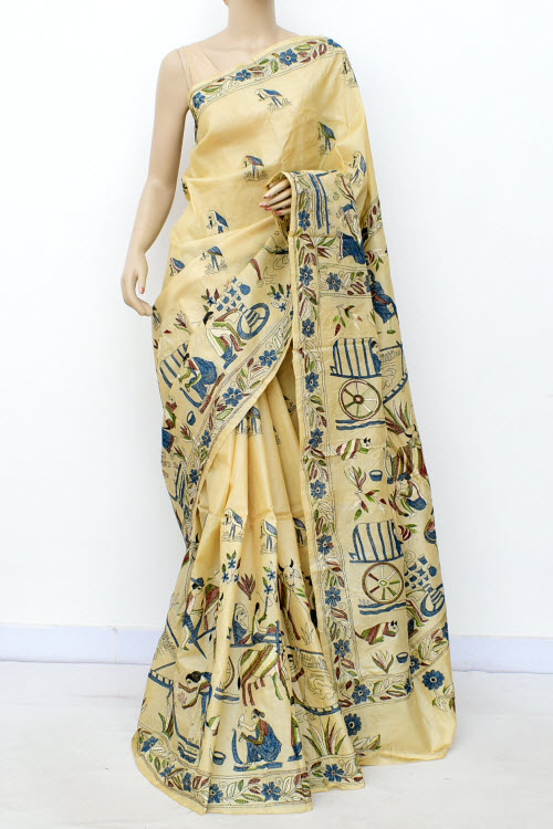 Beige Allover Kantha Embroidery Pure Tusser Silk Saree