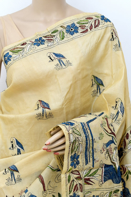 Beige Allover Kantha Embroidery Pure Tusser Silk Saree
