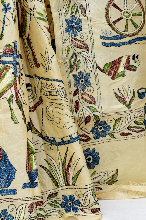 Beige Allover Kantha Embroidery Pure Tusser Silk Saree