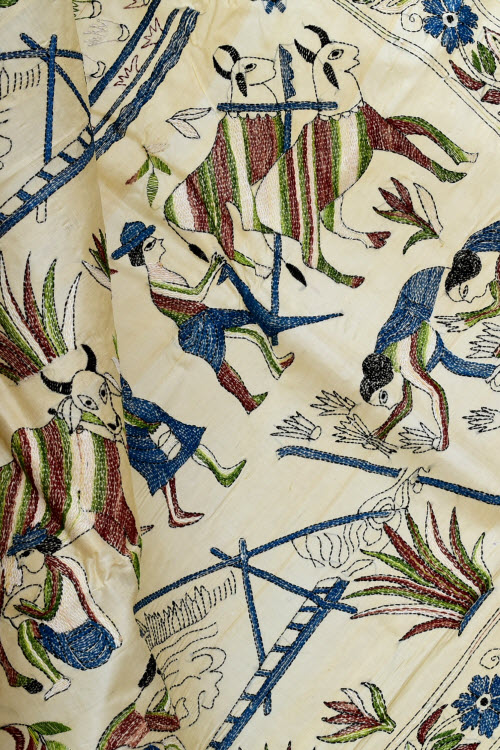 Beige Allover Kantha Embroidery Pure Tusser Silk Saree