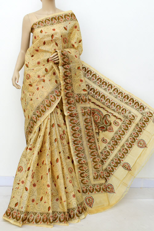 Beige Allover Kantha Embroidery Pure Tusser Silk Saree