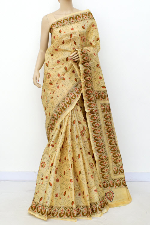 Beige Allover Kantha Embroidery Pure Tusser Silk Saree