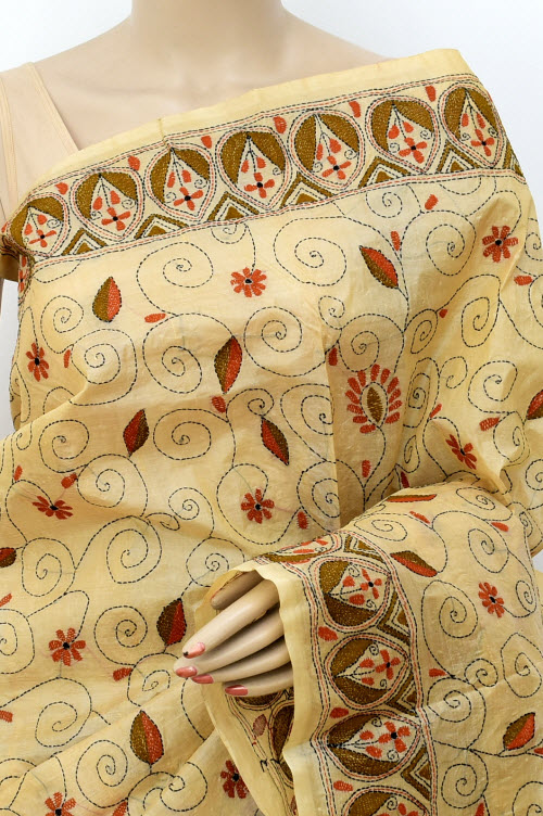 Beige Allover Kantha Embroidery Pure Tusser Silk Saree