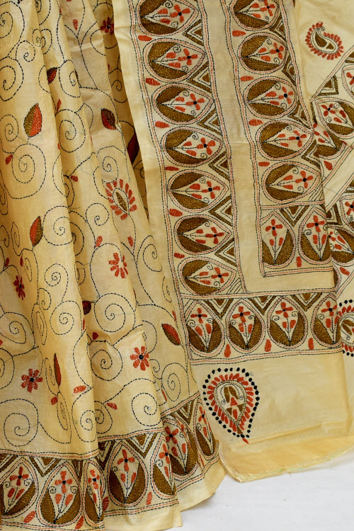 Beige Allover Kantha Embroidery Pure Tusser Silk Saree