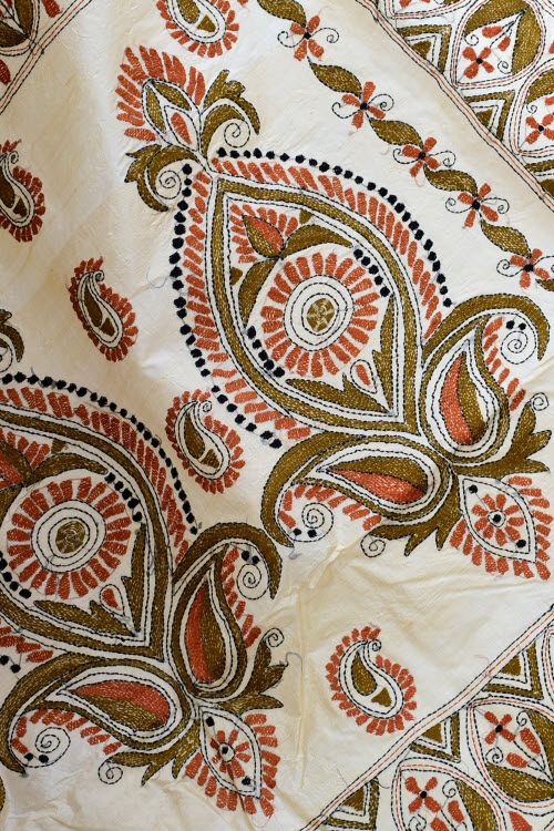 Beige Allover Kantha Embroidery Pure Tusser Silk Saree