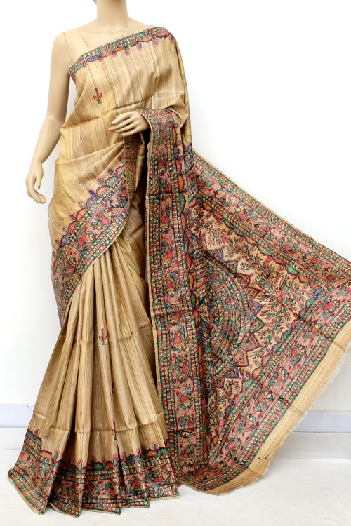 Fawn Madhubani Hand-Painted Pure Katan Motka Silk Saree