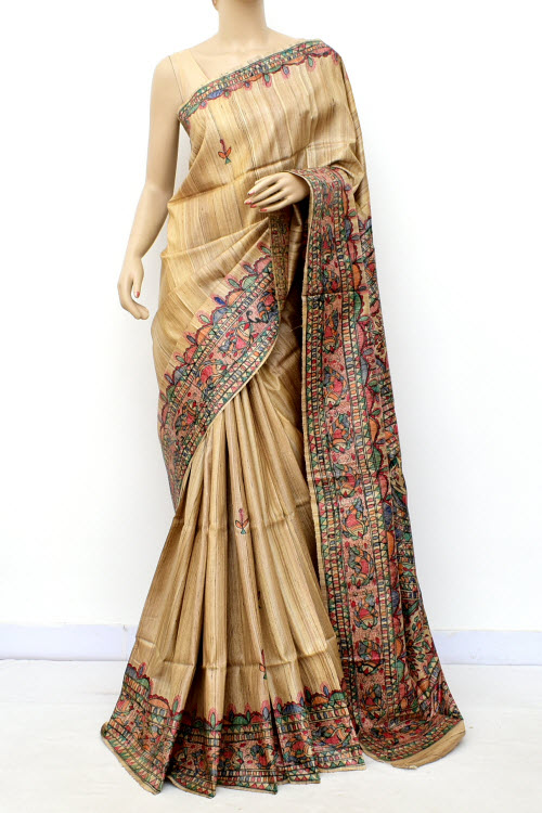 Fawn Madhubani Hand-Painted Pure Katan Motka Silk Saree