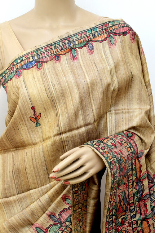 Fawn Madhubani Hand-Painted Pure Katan Motka Silk Saree