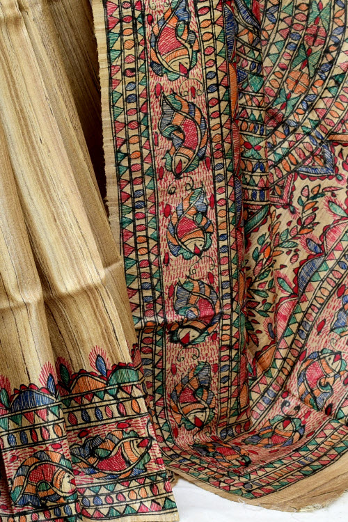 Fawn Madhubani Hand-Painted Pure Katan Motka Silk Saree