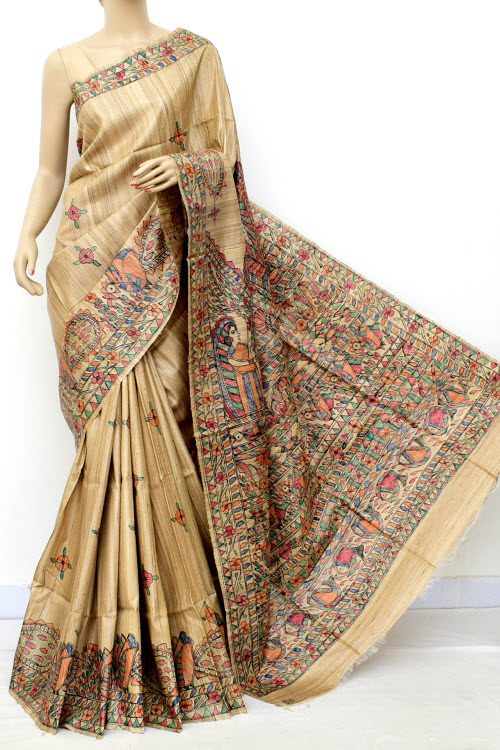 Fawn Madhubani Hand-Painted Pure Katan Motka Silk Saree