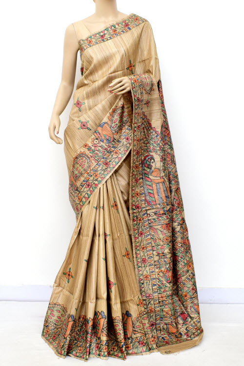 Fawn Madhubani Hand-Painted Pure Katan Motka Silk Saree
