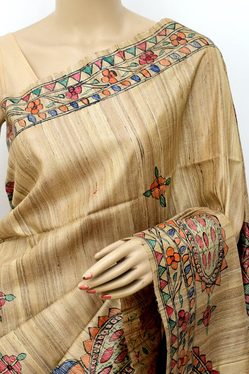 Fawn Madhubani Hand-Painted Pure Katan Motka Silk Saree