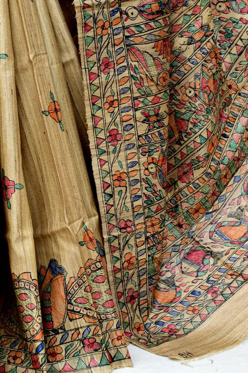 Fawn Madhubani Hand-Painted Pure Katan Motka Silk Saree