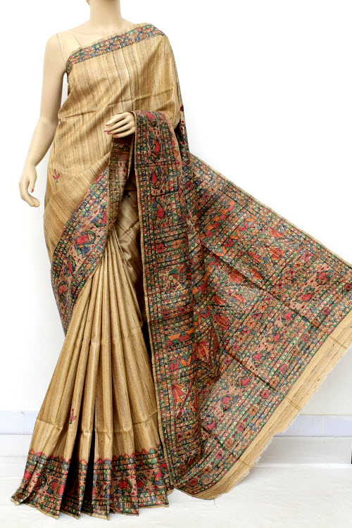 Fawn Madhubani Hand-Painted Pure Katan Motka Silk Saree