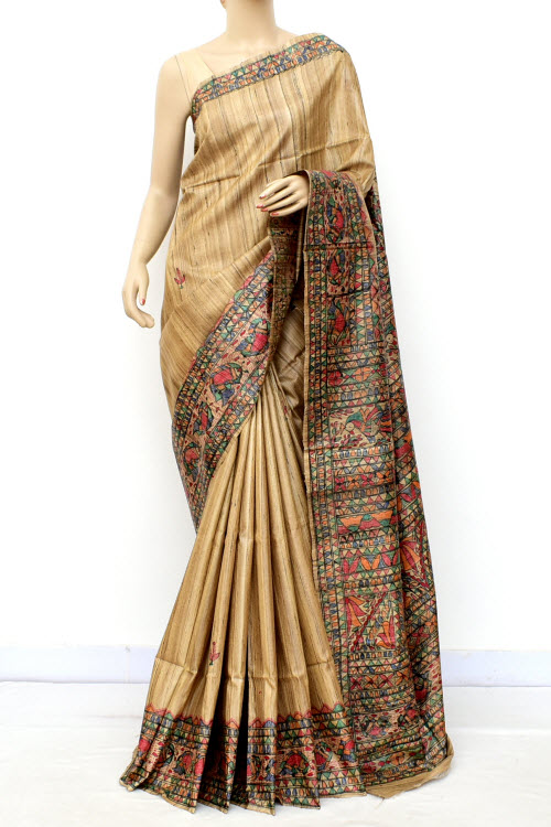 Fawn Madhubani Hand-Painted Pure Katan Motka Silk Saree