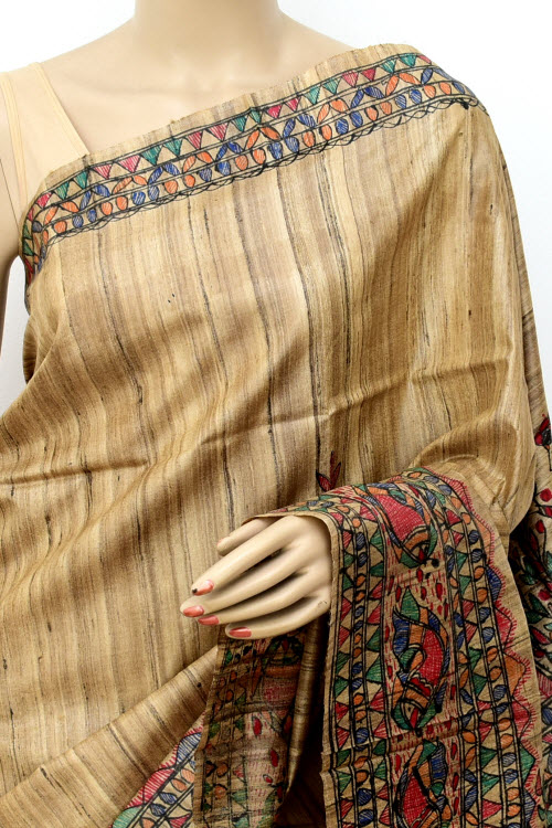 Fawn Madhubani Hand-Painted Pure Katan Motka Silk Saree