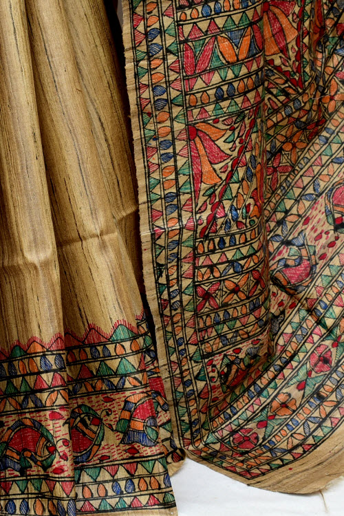 Fawn Madhubani Hand-Painted Pure Katan Motka Silk Saree