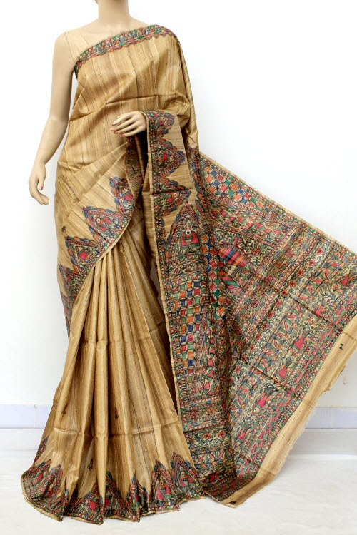 Fawn Madhubani Hand-Painted Pure Katan Motka Silk Saree