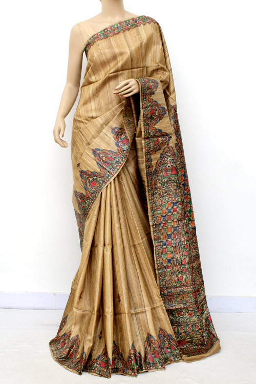 Fawn Madhubani Hand-Painted Pure Katan Motka Silk Saree