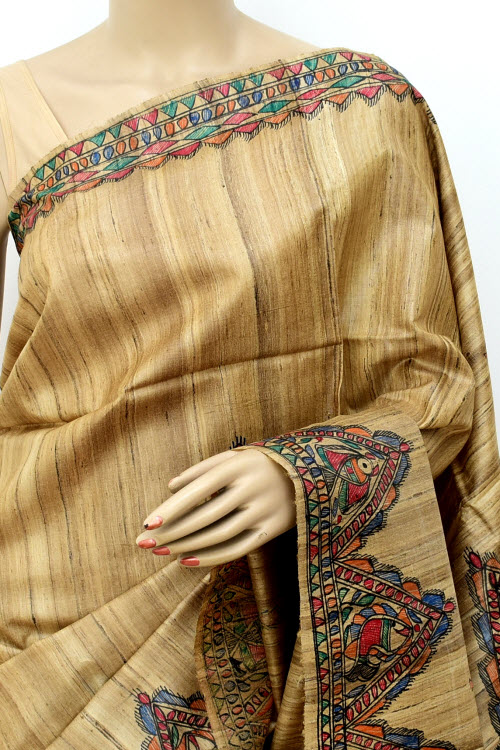 Fawn Madhubani Hand-Painted Pure Katan Motka Silk Saree