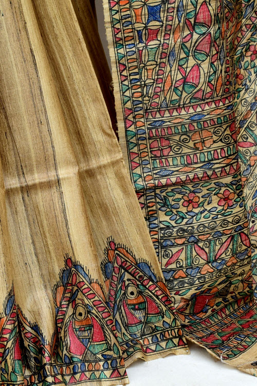 Fawn Madhubani Hand-Painted Pure Katan Motka Silk Saree