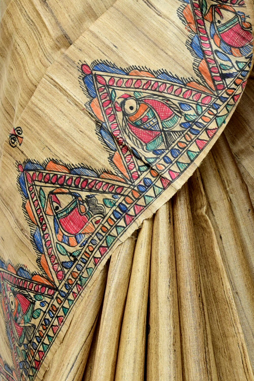 Fawn Madhubani Hand-Painted Pure Katan Motka Silk Saree