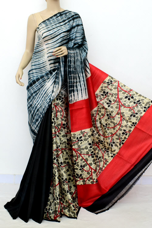 Grey-Black Double Knitted Handloom Pure Silk Saree