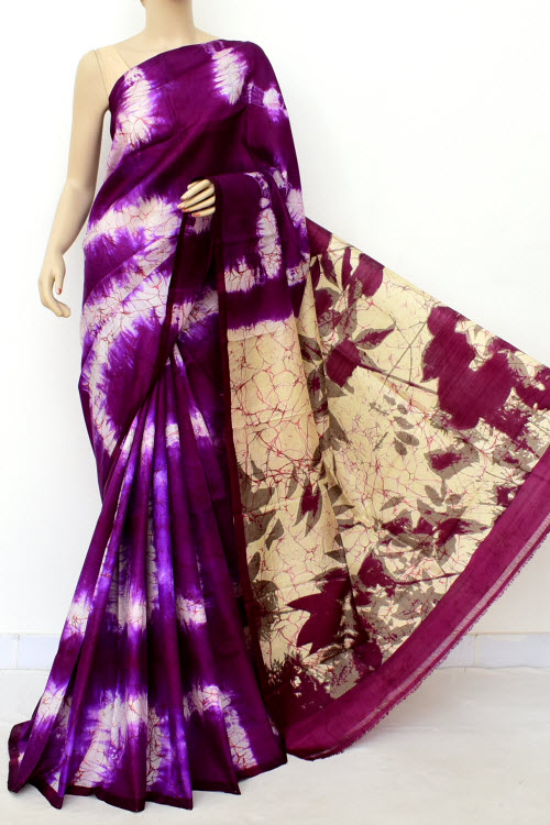 Purple Double Knitted Handloom Pure Silk Batik Print Saree