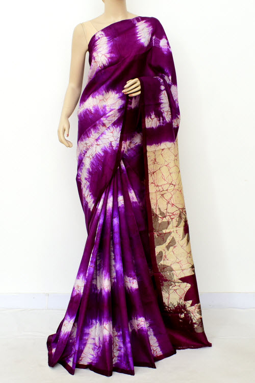 Purple Double Knitted Handloom Pure Silk Batik Print Saree