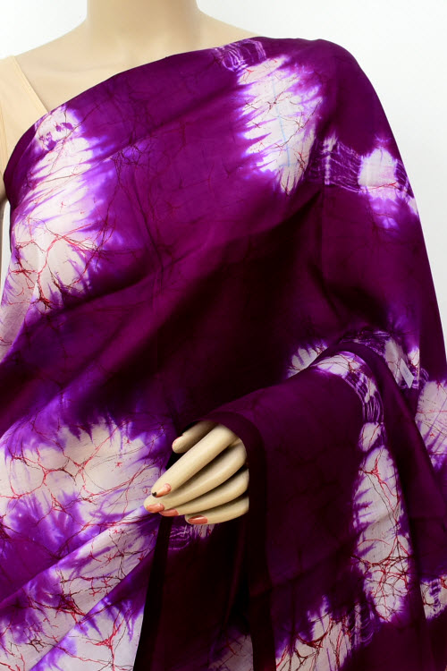 Purple Double Knitted Handloom Pure Silk Batik Print Saree