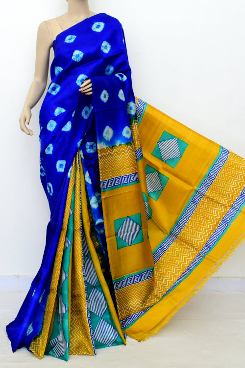 Royal Blue-Mustard Double Knitted Handloom Pure Silk Batik Print Saree