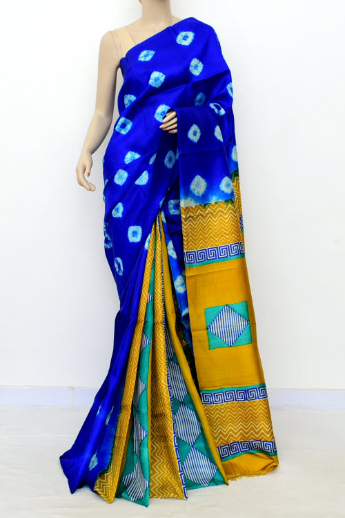 Royal Blue-Mustard Double Knitted Handloom Pure Silk Batik Print Saree