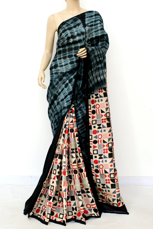 Grey-Black Double Knitted Handloom Pure Silk Saree
