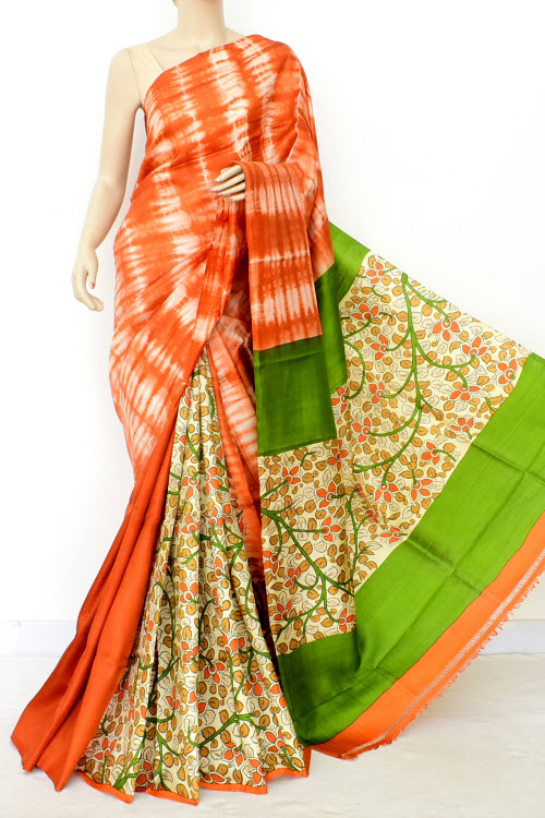 Orange-Green Double Knitted Handloom Pure Silk Saree