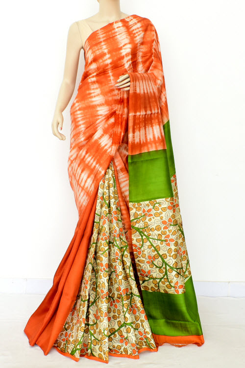 Orange-Green Double Knitted Handloom Pure Silk Saree