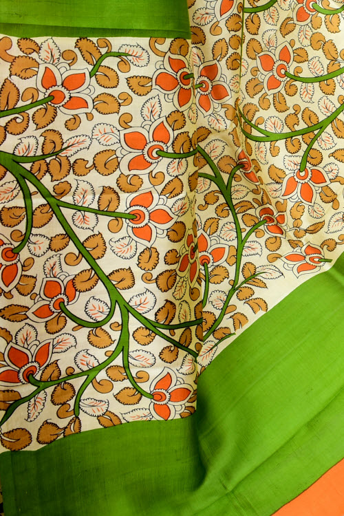 Orange-Green Double Knitted Handloom Pure Silk Saree