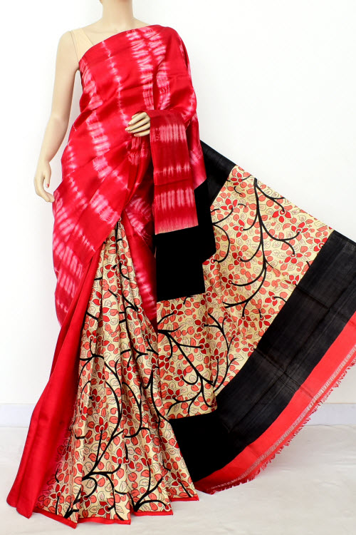 Red-Black Double Knitted Handloom Pure Silk Saree