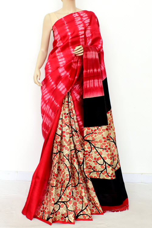 Red-Black Double Knitted Handloom Pure Silk Saree