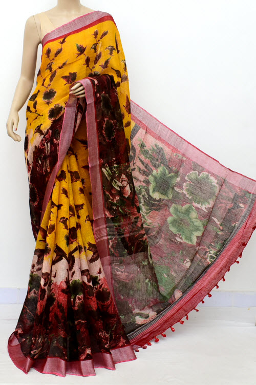 Yellow Printed Pure Linen Cotton Saree 16296
